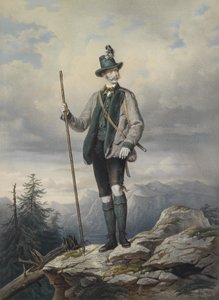 Portret van de jonge keizer in Ischler jachtkostuum, ingekleurde lithografie van Kriehuber, 67 x 49 cm