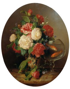 Bloemstuk met goudviskom door Josef Lauer