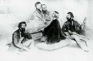 Matinee bij Liszt thuis, van links naar rechts, Kriehuber, componist Hector Berlioz, Carl Czerny, Franz Liszt en violist Heinrich Wilhelm Ernst, Lithografie door Josef Kriehuber door Josef Nikolaus Kriehuber