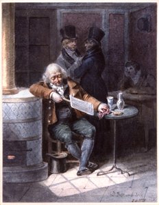 Oude man leest krant in een café, Parijs