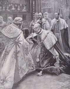 Koning Edward VII legt de eed af bij zijn kroning, Westminster Abbey, Londen