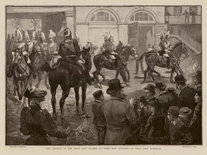 Life Guards arriveren bij hun nieuwe kazerne in Hyde Park, Londen (gravure) door Joseph (after) Finnemore