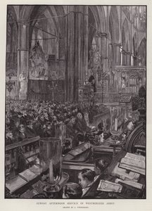 Zondagmiddagdienst in Westminster Abbey, Londen (litho) door Joseph (after) Finnemore