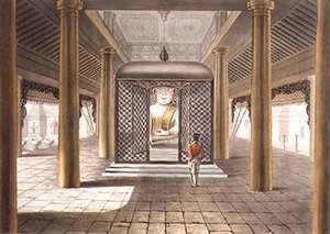 Een soldaat staande in een tempel in Rangoon, gegraveerd door George Hunt