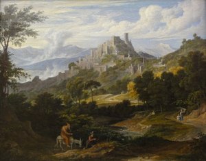 Landschap bij Olevano met een monnik te paard door Joseph Anton Koch