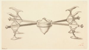 Ontwerp voor een schotelstandaard met uitschuifbare armen en een kleine spirituslamp