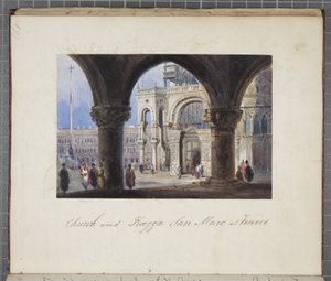 Kerk en Piazza San Marc in Venetië, geplakt in Thomas Moodys Journal of a tour through Switzerland and Italy, 1822 door Joseph Axe Sleap