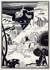 Er was een grote verscheidenheid aan hoge, nobele bomen, beladen met zeevruchten, zoals kreeften, krabben, oesters, uit De verrassende avonturen van Baron Munchausen, uitgegeven 1895 door Joseph Benwell Clark