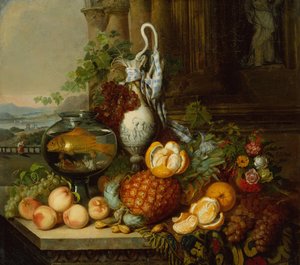 Stilleven met fruit, viskom en landschap