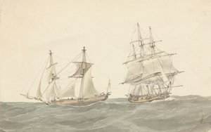 Barkentijn en fregat in zware zee door Joseph Cartwright