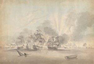 Gevechtsscène: Slagschepen, fregatten en korvetten; Zinkende boot en roeiboot door Joseph Cartwright