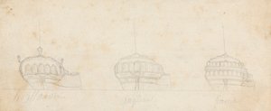 Decoratieve achterstevens van drie schepen door Joseph Cartwright