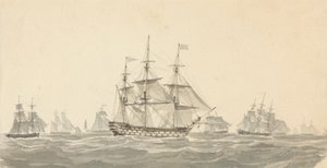 Zijaanzicht van Slagschip Omringd door Verschillende Anderen in Zware Zee door Joseph Cartwright