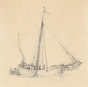 Enkele Ketch, Boeg Vooruit; Roeiboot Achter door Joseph Cartwright