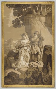 Behangsel, paneel, met voorstelling uit Les Amours de Psyche: Psyche op in rotsen uitgehouwen trap, in grisailletinten