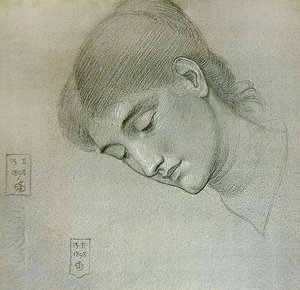Hoofdstudie van een meisje dat naar beneden kijkt door Joseph Edward Southall