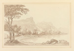 Lodore Rotsen watervallen huisje in de verte door Joseph Farington