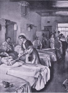 Boerenkrijgsgevangenen in het Paleisziekenhuis in Simonstad, illustratie uit Na Pretoria: De Guerrillaoorlog, 1902 door Joseph Finnemore