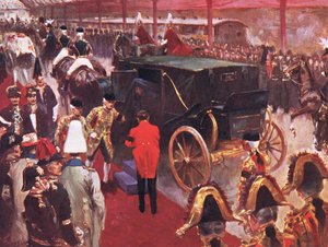 De aankomst van Hare Majesteit Koningin Alexandra op Paddington Station bij de begrafenis van wijlen Hare Majesteit Koningin Victoria 2 februari 1901, illustratie uit Cassells Geschiedenis van Engeland, 1900s door Joseph Finnemore