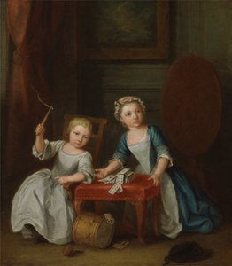 Twee kinderen van de Nollekens familie, waarschijnlijk Jacobus en Maria Sophia, spelend met een tol en speelkaarten door Joseph Francis Nollekens
