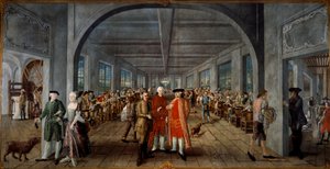Wetter Brothers Indian Fabric Factory. Links, de heer en mevrouw Jean Rodolphe (Jean-Rodolphe) Wetter rijkelijk gekleed. In het midden presenteert een arbeider een drukplaat aan de fabrieksmanager, Pierre Pignet, achter hen de arbeiders aan het werk.