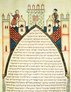 Een uitkijk geeft alarm, illustratie uit de Joodse Cervera Bijbel, 1299 door Joseph Ha Zarefati