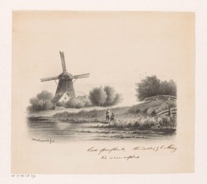Landschap met molen en twee vissers door Joseph Hartogensis