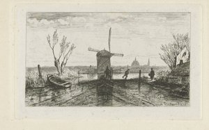Schaatsenrijder bij een molen door Joseph Hartogensis