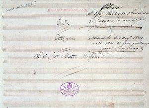 Eerste pagina van muzikale partituur van menuet in Armida door J Haydn (1821)
