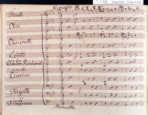 Eerste pagina van bladmuziek van menuet in Symfonie 66 in Bes majeur door J Haydn door Joseph Haydn