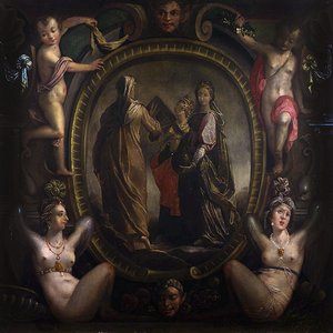 Drie allegorische figuren in een cartouche
