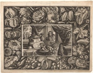 Stilleven van kaas en fruit met een ornamentrand door Joseph Kling