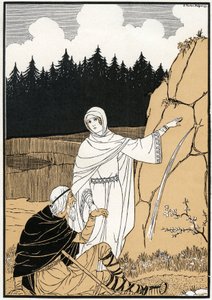 La legende de Sainte Odile (Odile de Hohenbourg, ca. 662- ca. 720) die een bron uit de rots trekt - Illustratie door Joseph Kuhn Regnier (Kuhn-Regnier) (1873-1940) voor "Legendes et contes d