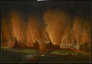 De brand in de Saint-Jean wijk, gezien naar het westen, 1848 door Joseph Légaré