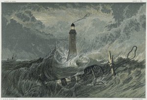 Eddystone vuurtoren, gebouwd op de Eddystone rots door de Engelse civiel ingenieur John Smeaton van 1757-1759. Chromolithografie naar een schilderij van JMW Turner