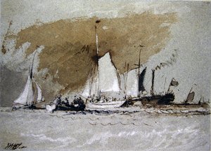 Vissersboten op zee, aan boord van een stoomboot bij Cowes, Isle of Wight door Joseph Mallord William Turner