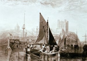 Thames-schip dat hooi vervoert, een gevangenishulk en andere schepen bij Rochester, aan de rivier de Medway door Joseph Mallord William Turner