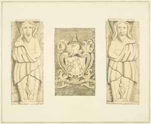 2 figuren en wapen van poort bij het Zwarte Kasteel, Brislington