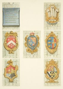 Wapenschilden op stenen preekstoel van de kathedraal van Bristol door Joseph Manning
