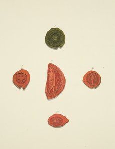 Vijf zegels van Robert Atwaller, onbekend zegel, Margaret Mewyrk, Priorin van St Mary Magdalen en John Vrell