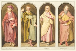 Vier kleine profeten geschilderd aan de westkant van het scherm dat het schip van het koor van de kathedraal van Bristol scheidt door Joseph Manning