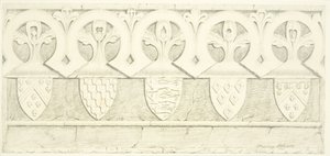Gotisch fries en wapenschilden in de vestry kamer van de Kathedraal van Bristol