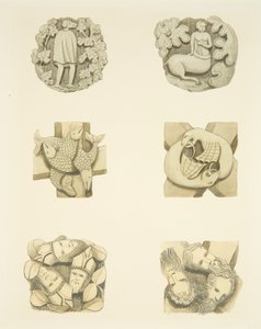 Zes gewelfstenen in het plafond bij het betreden van de noorddeur van de kathedraal van Bristol door Joseph Manning
