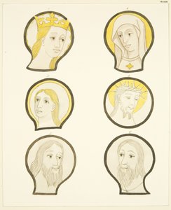 Zes hoofden in glas-in-loodramen ten zuiden van het koor in de kathedraal van Bristol door Joseph Manning