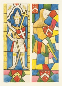 Twee figuren in glas-in-loodramen van het koor in de kathedraal van Bristol