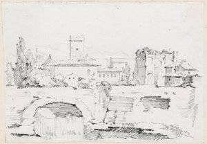 Een Italiaanse stad met een stenen brug en een waterval door Joseph Marie Vien
