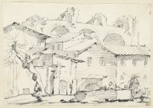 Huizen aan de noordkant van het Forum met de basiliek van Maxentius daarachter door Joseph Marie Vien