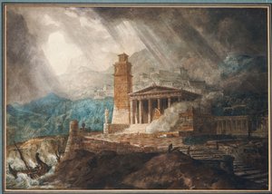 Een capriccio van een Romeinse haven tijdens een storm door Joseph Michael Gandy