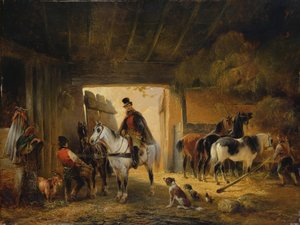Een Ruiter die zijn Paard in een Stal Water geeft, 1840 door Joseph Moerenhout