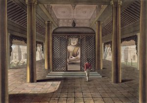 Een soldaat staand in een tempel in Rangoon, gegraveerd door George Hunt, 1825